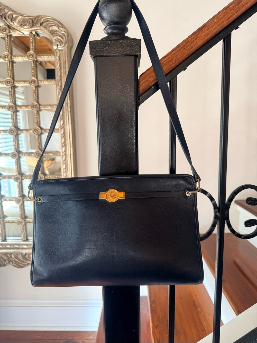 Vintage Christian Dior Navy Leather Shoulder Bag Clutch 1970s Plaque Logo - Picture 2 of 15